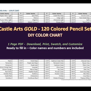 Castle Arts - Juego de lápices de colores 120 GOLD - Carta de colores DIY / Hoja de muestras - Descarga digital