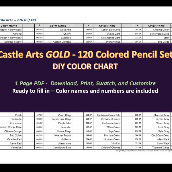 Castle Arts - 120 GOLD Colored Pencil Set - DIY Color Chart / Swatch Sheet - Digital Download