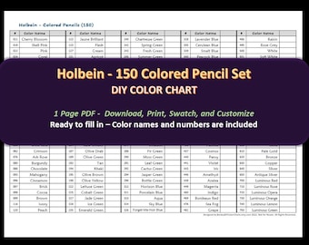 Holbein - Ensemble de 150 crayons de couleur - Nuancier DIY / Swatch Sheet - Téléchargement numérique