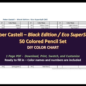 Faber-Castell Black Edition / Eco SuperSoft - 50 Colored Pencil Set - DIY Color Chart / Swatch Sheet - Digital Download