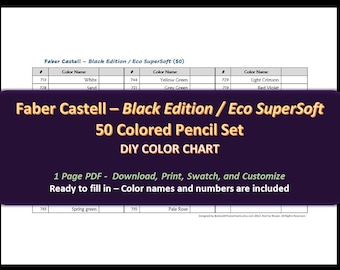 Faber-Castell Black Edition / Eco SuperSoft - Ensemble de 50 crayons de couleur - Nuancier DIY / Swatch Sheet - Téléchargement numérique