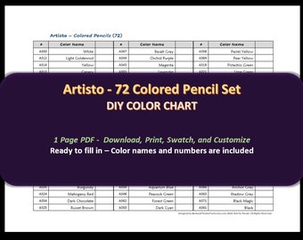 Artisto - 72 Colored Pencil Set - DIY Color Chart / Swatch Sheet - Digital Download