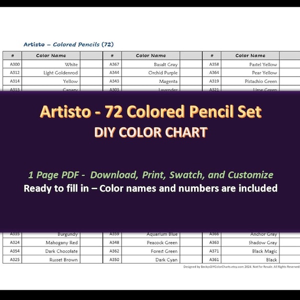 Artisto - 72 Colored Pencil Set - DIY Color Chart / Swatch Sheet - Digital Download