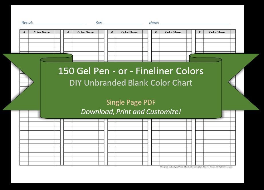 150 Gel Pen or Fineliner Colors DIY Blank Color Chart Etsy