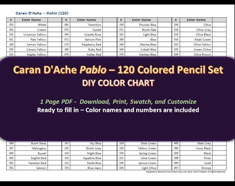Caran D'ache PABLO - 120 Colored Pencil Set - DIY Color Chart / Swatch Sheet - Digital Download