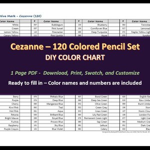 Cezanne - 120 Colored Pencil Set - DIY Color Chart / Swatch Sheet - Digital Download