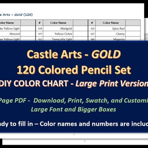 Castle Arts - GROTE PRINT Goud - 120 potloodset - DIY-kleurenkaart / Swatch Sheet - Digitale download