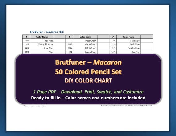 Brutfuner Macaron - 50 Colored Pencil Set - DIY Color Chart / Swatch Sheet - Digital Download