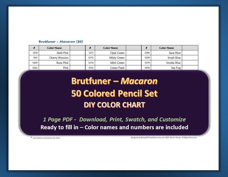 Brutfuner Macaron 50 pencils set - color chart/ swatch sheet PDF - listing image