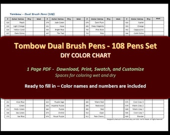 Tombow - 108 Dual Brush Pen Set - DIY Color Chart / Swatch Sheet - Digital Download