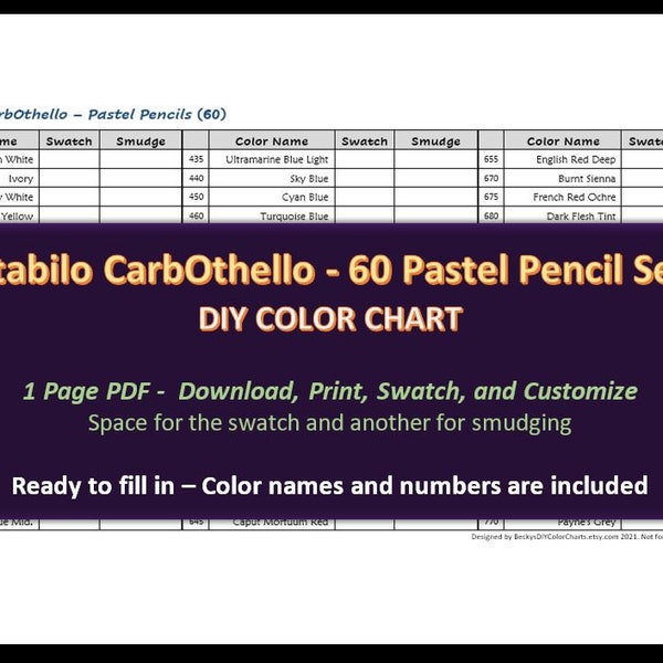 Stabilo CarbOthello - 60 Pastel Pencil Set - DIY Color Chart / Swatch Sheet - Digital Download