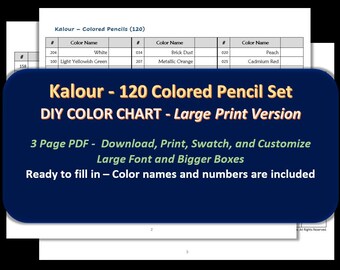 Kalour - LARGE PRINT 120 Colored Pencil Set (colored barrels) - DIY Color Chart / Swatch Sheet - Digital Download