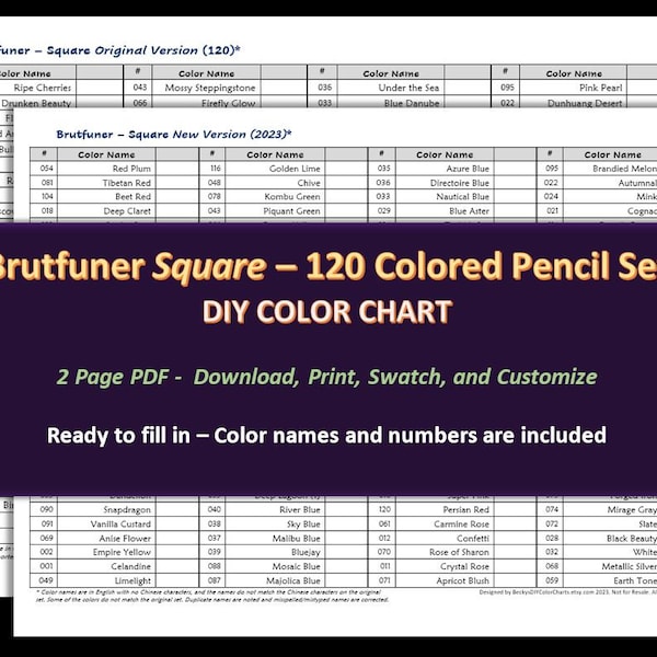 Brutfuner "Square" Pencils - 120 Colored Pencil Set - DIY Color Chart / Swatch Sheet - Digital Download