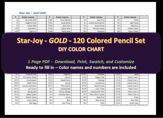 Star-Joy GOLD 120 Colored Pencil Set DIY Color Chart / Swatch.