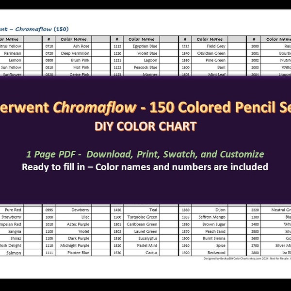 Derwent Chromaflow - 150 Colored Pencil Set - DIY Color Chart / Swatch Sheet - Digital Download