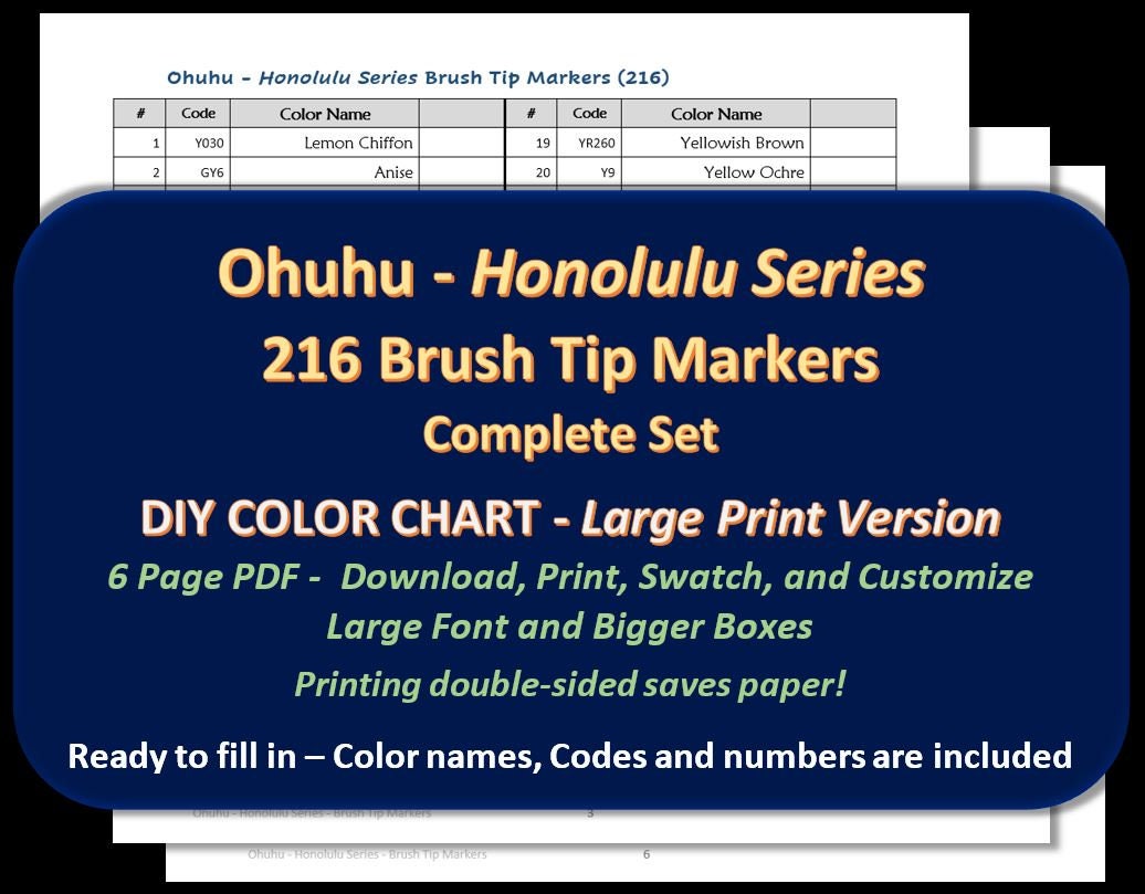 Ohuhu Honolulu B Set of 216 Brush and Fine Tip DIY Color Chart