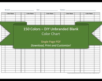 150 Colors - 1 Page - DIY Blank Color Chart /Swatch Sheet - Digital Download