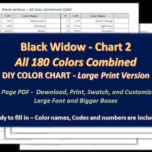 Black Widow - GROTE PRINT Grafiek 2 - Alle 180 kleuren gecombineerd - DIY kleurenkaart / Swatch Sheet - Digitale download