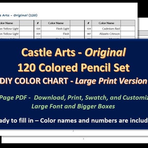 Castle Arts - GROTE PRINT Originele 120 Kleurpotlodenset - DIY Kleurenkaart / Swatch Sheet - Digitale download