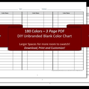 180 Colors - 3 Pages - DIY Blank Color Chart /Swatch Sheet - Digital Download