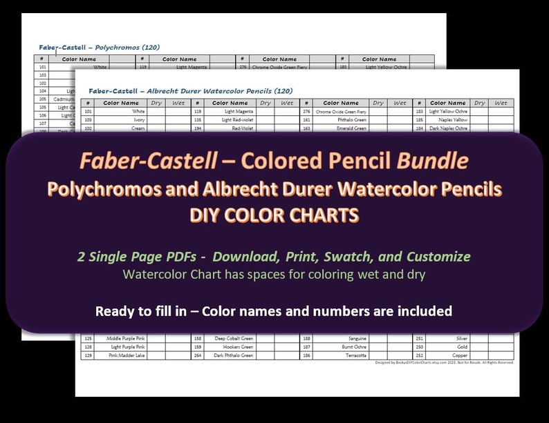 May include: A printable color chart for Faber-Castell Polychromos and Albrecht Durer Watercolor Pencils. The chart includes color names and numbers for 120 colors. The chart is ready to be filled in with wet and dry color swatches.