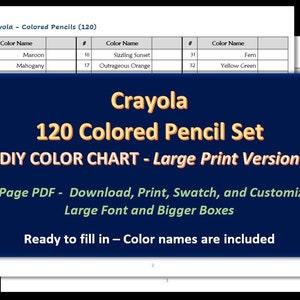 Crayola - LARGE PRINT 120 Colored Pencil Set - DIY Color Chart / Swatch Sheet - Digital Download