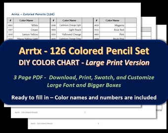 Arrtx - LARGE PRINT 126 Colored Pencil Set - DIY Color Chart / Swatch Sheet  - Digital Download