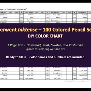 Derwent Inktense - 100 Pencil Set - DIY Blank Color Chart /Swatch Sheet - Digital Download