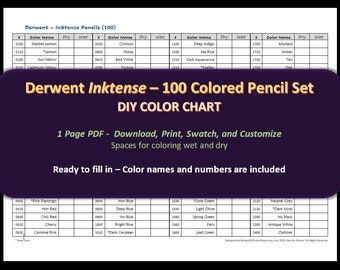 Derwent Inktense - 100 Bleistifte Set - DIY Blanko Color Chart / Swatch Sheet - Digitaler Download