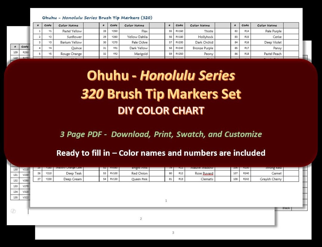 Ohuhu Honolulu Series brush Tip 320 Marker Set DIY Color Chart