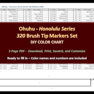 Ohuhu - Honolulu Series (Brush Tip) 320 Marker Set - DIY Farbkarte / Swatch Sheet - Digitaler Download