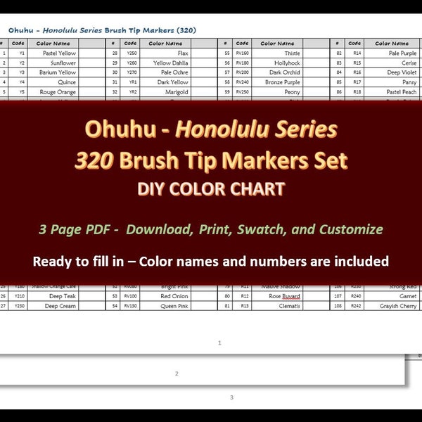 Ohuhu - Honolulu Series (Brush Tip) 320 Marker Set - DIY Color Chart / Swatch Sheet - Digital Download