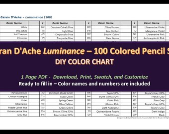 Caran D'ache LUMINANCE - Juego de 100 lápices de colores - Carta de colores DIY / Hoja de muestras - Descarga digital