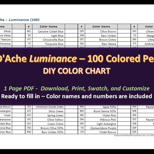 Caran D'ache LUMINANCE - 100 Buntstifte Set - DIY Farbkarte / Musterblatt - Digital Download