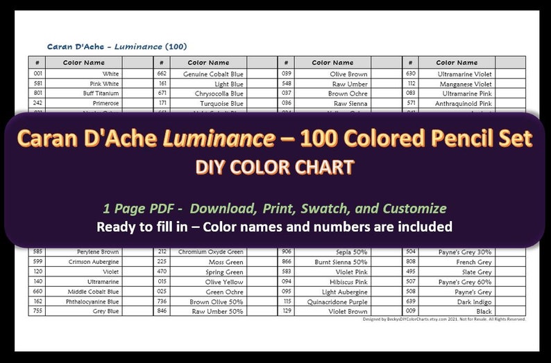 Caran D'ache LUMINANCE 100 Colored Pencil Set DIY Color Chart / Swatch Sheet Digital Download image 1