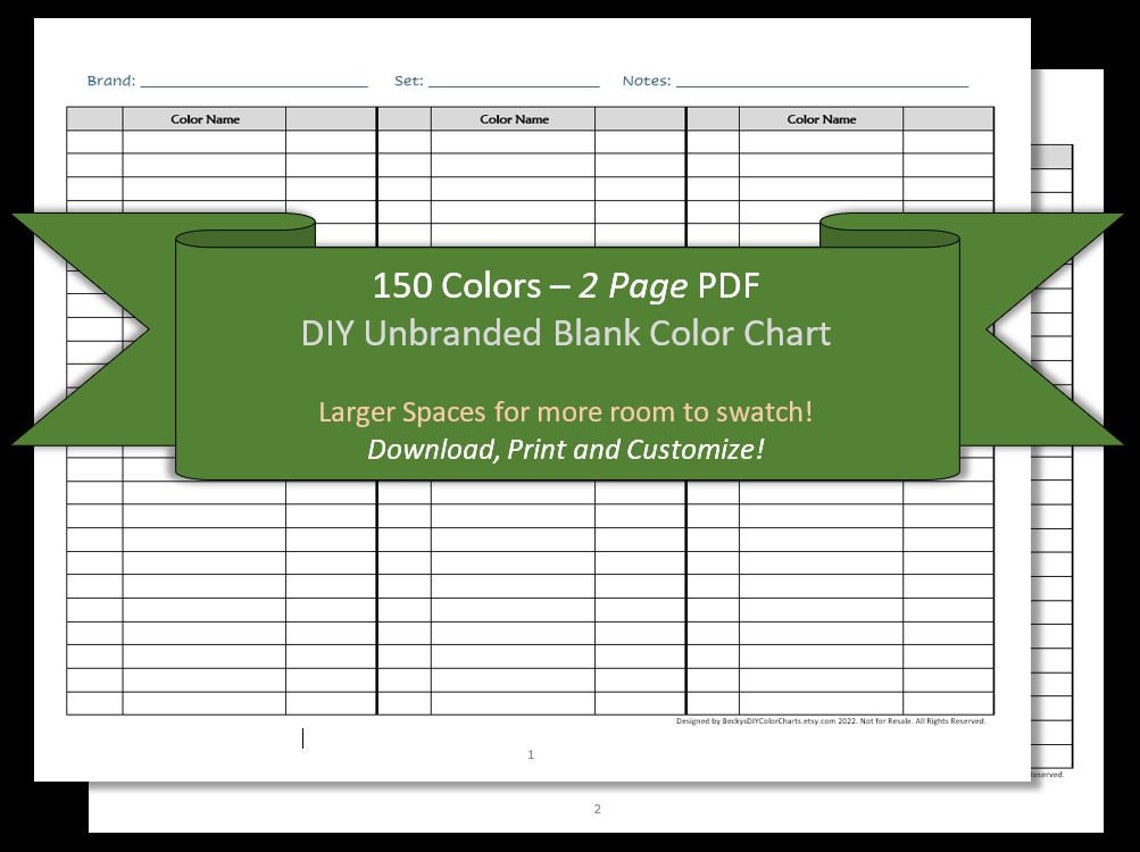 150 Colors - 2 Pages - DIY Blank Color Chart /swatch Sheet - Digital ...