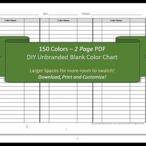 150 Colors - 2 Pages - DIY Blank Color Chart /Swatch Sheet - Digital Download