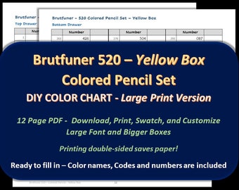 Brutfuner - LARGE PRINT in Yellow Boxes - 520 Colored Pencil Set - DIY Color Chart / Swatch Sheet - Digital Download