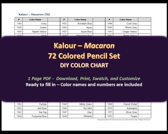 Kalour Macaron - 72 Colored Pencil Set - DIY Color Chart / Swatch Sheet - Digital Download