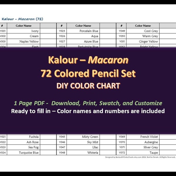 Kalour Macaron - 72 Colored Pencil Set - DIY Color Chart / Swatch Sheet - Digital Download