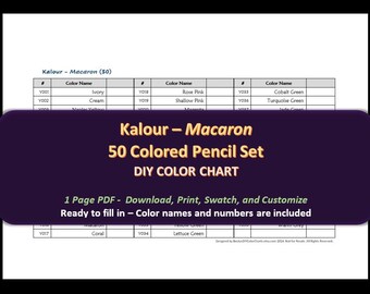 Kalour Macaron - 50 Colored Pencil Set - DIY Color Chart / Swatch Sheet - Digital Download
