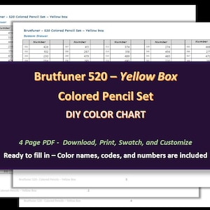 Brutfuner - CAJA AMARILLA - Juego de lápices de colores 520 - Carta de colores en blanco para bricolaje / Hoja de muestras - Descarga digital