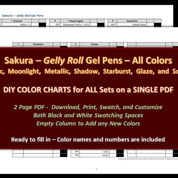 Sakura Gelly Roll - All Colors of Each Pen Set - DIY Color Chart / Swatch Sheet - Digital Download