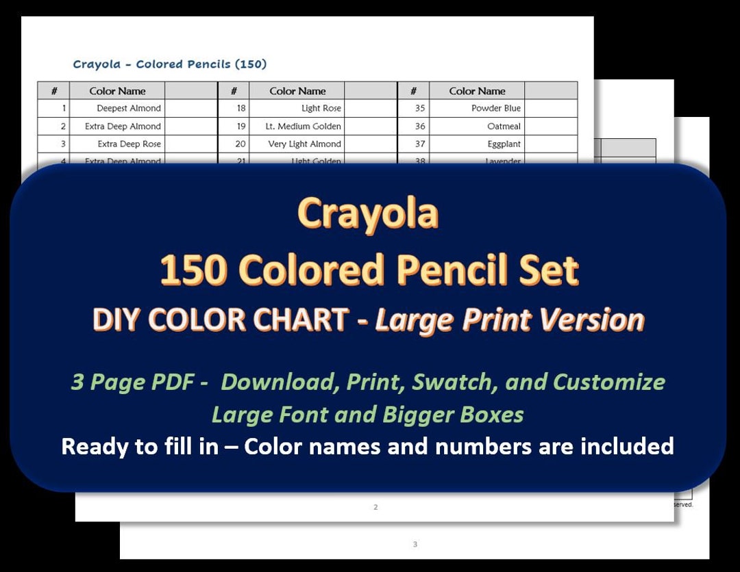 Crayola LARGE PRINT 150 Colored Pencil Set DIY Color Chart