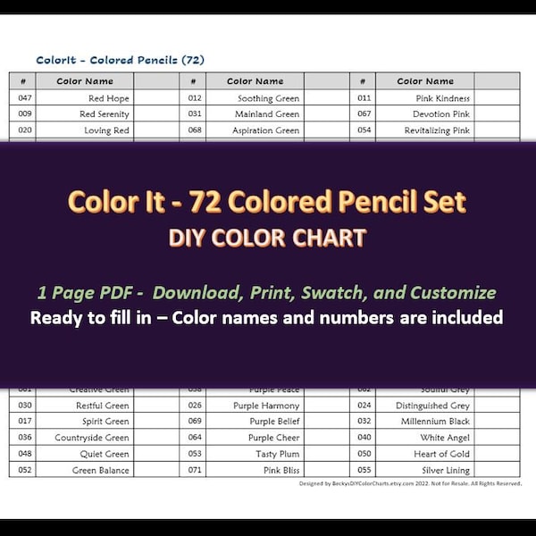 ColorIT - 72 Colored Pencil Set - DIY Color Chart / Swatch Sheet - Digital Download