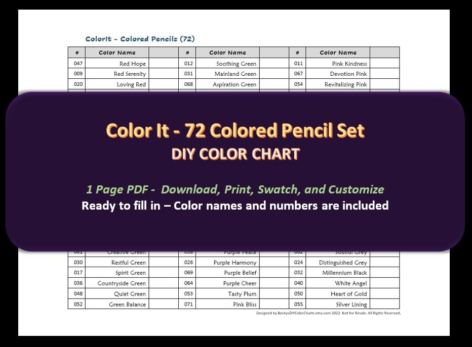 Soucolor 72 Colored Pencils Color Chart Swatch Prefilled W/ Numbers Artist  Reference Printable Adult Coloring Resource PDF 2 Pages 