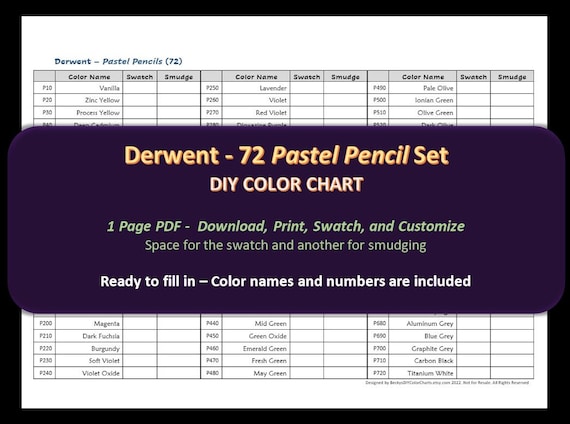 Derwent - 72 Pastel Pencil Set - DIY Color Chart / Swatch Sheet