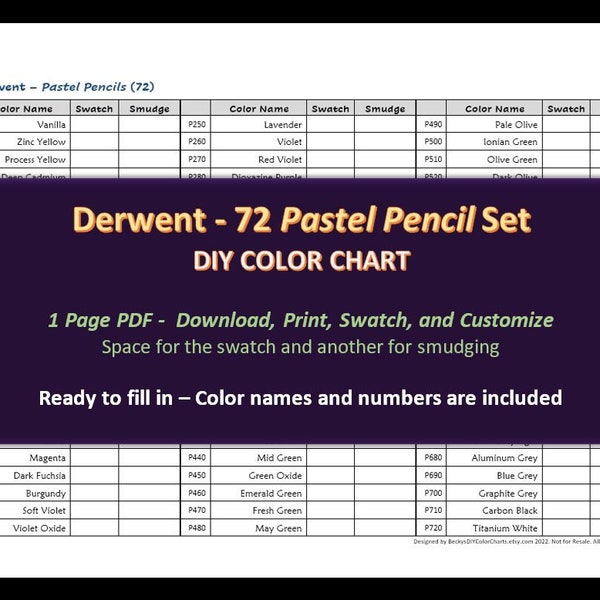 Derwent - 72 Pastel Pencil Set - DIY Color Chart / Swatch Sheet - Digital Download