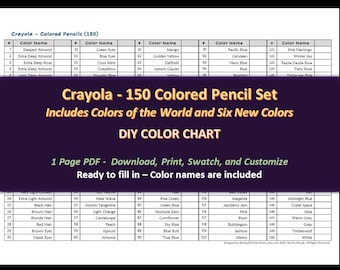 Crayola - Juego de lápices de colores 150 - Carta de colores DIY / Hoja de muestras - Descarga digital