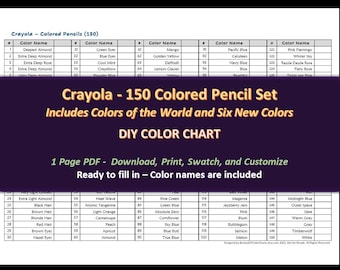 Crayola 150 Colored Pencil Set DIY Color Chart / Swatch Sheet Digital  Download 